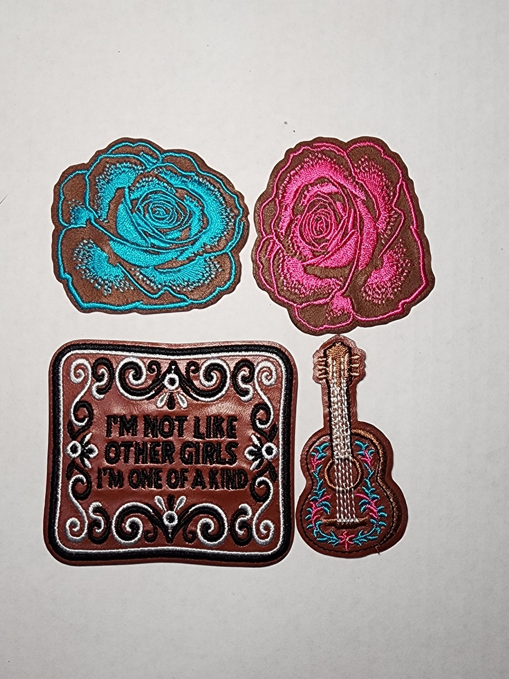 Embroidered Floral & Guitar Patch Set - Pink & Teal